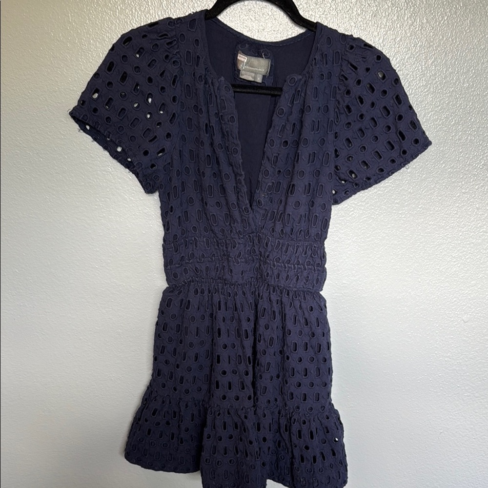Anthropologie Blue Smocked Puff Sleeve Mini Dress